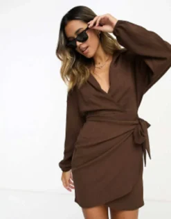 ASOS DESIGN Long Sleeve V Neck Wrap Mini Dress In Chocolate