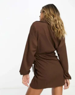 ASOS DESIGN Long Sleeve V Neck Wrap Mini Dress In Chocolate -RIVER ISLAND || PULL & BEAR || ONLY Sales Store 204401438 3