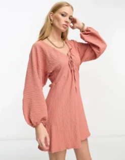 ASOS DESIGN Ruched Neck Mini Dress With Volume Sleeve In Rust