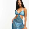 ASOS DESIGN Petite Open Knit Cut Out Mini Beach Dress In Metallic Blue