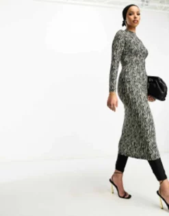 Trendyol Long Sleeve Maxi Dress In Black And White Zebra Print