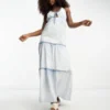 Miss Selfridge Tiered Denim Maxi Dress In Mid Wash
