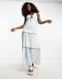 Miss Selfridge Tiered Denim Maxi Dress In Mid Wash