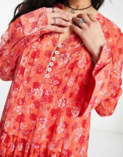 Free People Button Detail Floral Print Maxi Dress In Coral -RIVER ISLAND || PULL & BEAR || ONLY Sales Store 204445555 3
