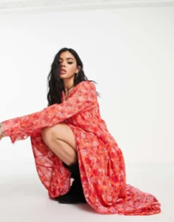 Free People Button Detail Floral Print Maxi Dress In Coral -RIVER ISLAND || PULL & BEAR || ONLY Sales Store 204445555 4