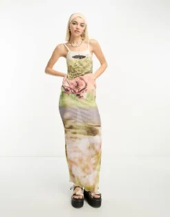 Basic Pleasure Mode Deer Heaven Print Plisse Maxi Dress In Multi -RIVER ISLAND || PULL & BEAR || ONLY Sales Store 204454249 4