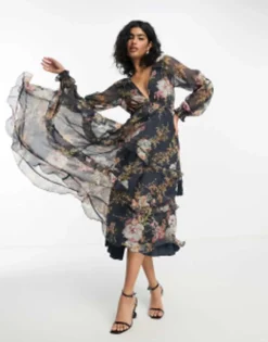 ASOS DESIGN Pleated Layered Tiered Midi Dress In Navy Floral Print With Lace Trim