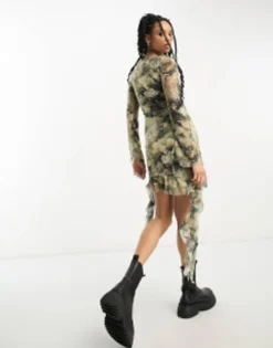 ASOS DESIGN Chiffon Long Sleeve Mini Dress With Ruffle Hem In Grungey Floral Print -RIVER ISLAND || PULL & BEAR || ONLY Sales Store 204463403 3