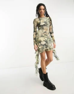 ASOS DESIGN Chiffon Long Sleeve Mini Dress With Ruffle Hem In Grungey Floral Print -RIVER ISLAND || PULL & BEAR || ONLY Sales Store 204463403 4