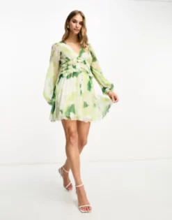 ASOS DESIGN Button Through Ruched Waist Pleated Mini Dress In Green Floral Print -RIVER ISLAND || PULL & BEAR || ONLY Sales Store 204470155 1 floralprint