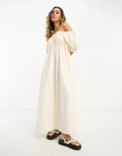 ASOS DESIGN Embroidered Off Shoulder Cotton Maxi Dress With Ruched Bust Detail In White -RIVER ISLAND || PULL & BEAR || ONLY Sales Store 204478382 1 ecru