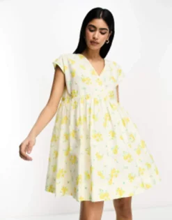 ASOS DESIGN Cotton V Neck Mini Smock Dress In Ditsy Floral