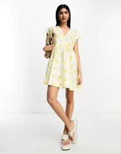 ASOS DESIGN Cotton V Neck Mini Smock Dress In Ditsy Floral -RIVER ISLAND || PULL & BEAR || ONLY Sales Store 204478431 4