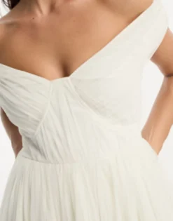 Anaya Bridal Bardot Maxi Tulle Dress With Split In Ivory -RIVER ISLAND || PULL & BEAR || ONLY Sales Store 204493083 3