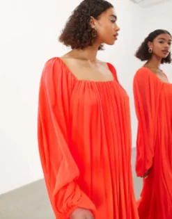 ASOS EDITION Square Neck Chiffon Maxi Dress In Neon Coral -RIVER ISLAND || PULL & BEAR || ONLY Sales Store 204493863 3