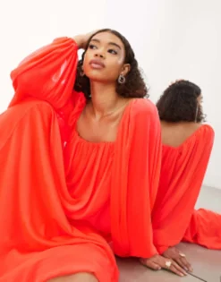 ASOS EDITION Square Neck Chiffon Maxi Dress In Neon Coral -RIVER ISLAND || PULL & BEAR || ONLY Sales Store 204493863 4