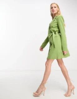 Vila Tailored Mini Blazer Dress With Tie Belt In Olive Green