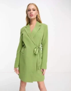 Vila Tailored Mini Blazer Dress With Tie Belt In Olive Green -RIVER ISLAND || PULL & BEAR || ONLY Sales Store 204496382 4