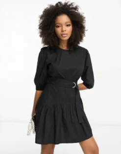 ASOS DESIGN Cotton Drop Waist Mini Dress With D-ring In Black