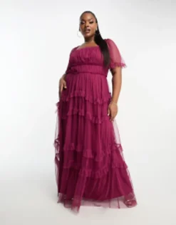 Anaya Plus Statement Tiered Maxi Dress In Red Plum