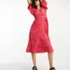Only Puff Sleeve Wrap Midi Dress In Red Spot