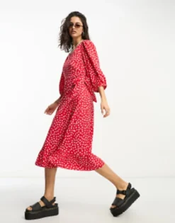 Only Puff Sleeve Wrap Midi Dress In Red Spot -RIVER ISLAND || PULL & BEAR || ONLY Sales Store 204501791 4