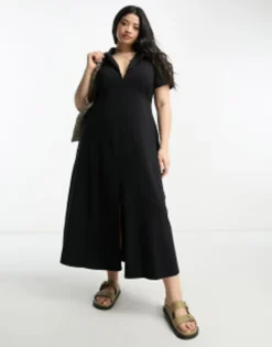 ASOS DESIGN Curve Ultimate Midi Tea Dress With Collar In Black -RIVER ISLAND || PULL & BEAR || ONLY Sales Store 204506758 3