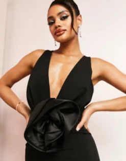 ASOS LUXE Plunge Corsage Maxi Dress With Split And Open Back In Black -RIVER ISLAND || PULL & BEAR || ONLY Sales Store 204510046 3