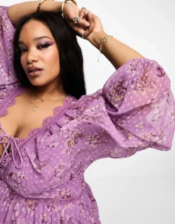 ASOS DESIGN Curve Lace Trim Plunge Batwing Mini Dress With Pep Hem In Lilac Floral Dobby -RIVER ISLAND || PULL & BEAR || ONLY Sales Store 204515579 3