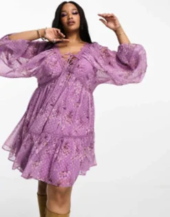 ASOS DESIGN Curve Lace Trim Plunge Batwing Mini Dress With Pep Hem In Lilac Floral Dobby -RIVER ISLAND || PULL & BEAR || ONLY Sales Store 204515579 4