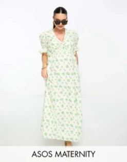 ASOS Maternity ASOS DESIGN Maternity Cotton Midi Smock Dress In Cream Based Green Floral Print