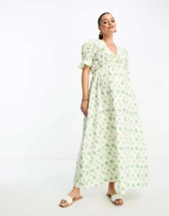 ASOS Maternity ASOS DESIGN Maternity Cotton Midi Smock Dress In Cream Based Green Floral Print -RIVER ISLAND || PULL & BEAR || ONLY Sales Store 204531158 3