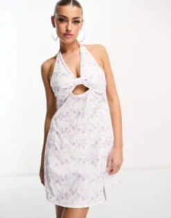 ASYOU Knot Front Halter Neck Mini Dress In Lilac Broderie