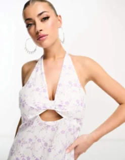 ASYOU Knot Front Halter Neck Mini Dress In Lilac Broderie -RIVER ISLAND || PULL & BEAR || ONLY Sales Store 204531352 3