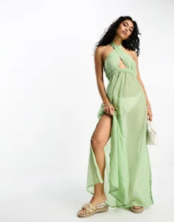 Vero Moda Cross Over Halterneck Beach Maxi Dress In Sage Green