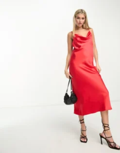 New Look Satin Cowl Neck Slip Dress In Red