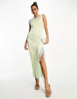 ASOS DESIGN One Shoulder Satin Midaxi Dress With Contrast Lace Inserts In Pale Green