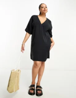 ASOS DESIGN Curve Oversized Boxy Mini Dress With Wrap Collar Detail In Black