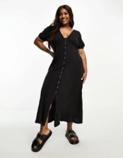 ASOS DESIGN Curve Button Front Midi Tiered Tea Dress In Black