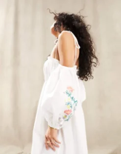 ASOS DESIGN Embroidered Off Shoulder Cotton Maxi Dress With Ruched Bust Detail In White -RIVER ISLAND || PULL & BEAR || ONLY Sales Store 204546122 3
