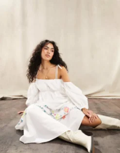ASOS DESIGN Embroidered Off Shoulder Cotton Maxi Dress With Ruched Bust Detail In White -RIVER ISLAND || PULL & BEAR || ONLY Sales Store 204546122 4
