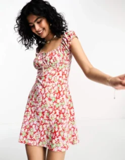 ASOS DESIGN Cap Sleeve Ruched Midi Dress With Tie Detail In Chocolate -RIVER ISLAND || PULL & BEAR || ONLY Sales Store 204546877 1 orangeditsyfloral 1