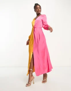 Monki Long Sleeve Ruched Satin Colour Block Front Maxi Dress In Multi