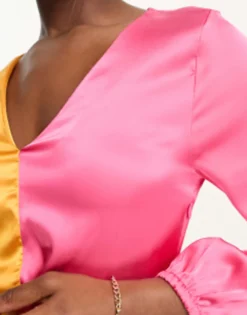 Monki Long Sleeve Ruched Satin Colour Block Front Maxi Dress In Multi -RIVER ISLAND || PULL & BEAR || ONLY Sales Store 204554251 3