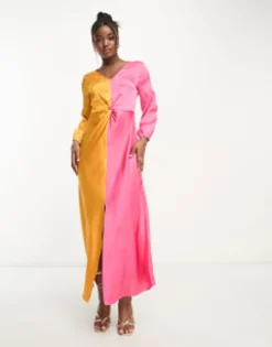 Monki Long Sleeve Ruched Satin Colour Block Front Maxi Dress In Multi -RIVER ISLAND || PULL & BEAR || ONLY Sales Store 204554251 4