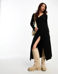 ASOS DESIGN Knitted Midi Dress With Wrap Front In Grey -RIVER ISLAND || PULL & BEAR || ONLY Sales Store 204556963 1 black