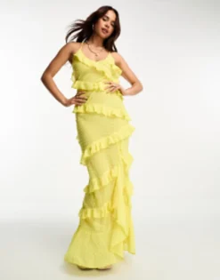 Miss Selfridge Beach Doby Chiffon Bias Ruffle Side Split Maxi Dress In Yellow