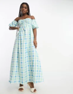 The Frolic Check Off-shoulder Shirred Maxi Dress In Blue