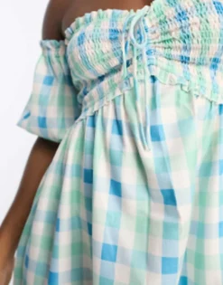 The Frolic Check Off-shoulder Shirred Maxi Dress In Blue -RIVER ISLAND || PULL & BEAR || ONLY Sales Store 204562485 3