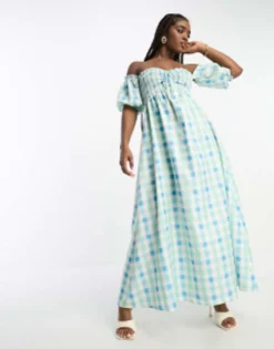 The Frolic Check Off-shoulder Shirred Maxi Dress In Blue -RIVER ISLAND || PULL & BEAR || ONLY Sales Store 204562485 4